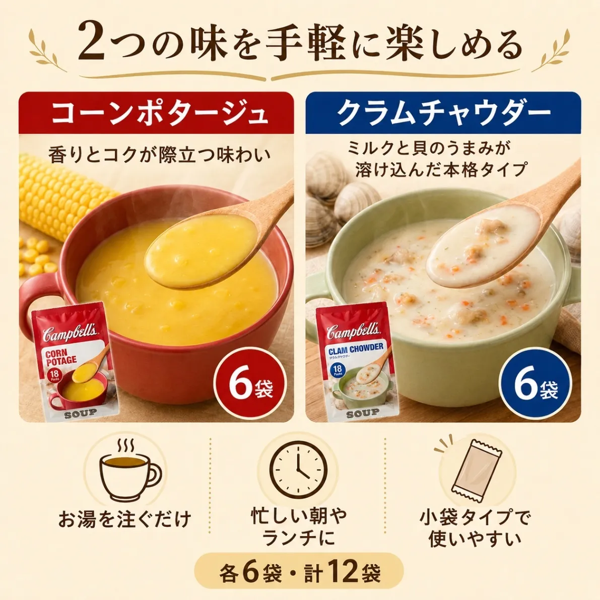 キャンベル インスタントスープ 12袋セット クラムチャウダー コーンポタージュ 各6袋