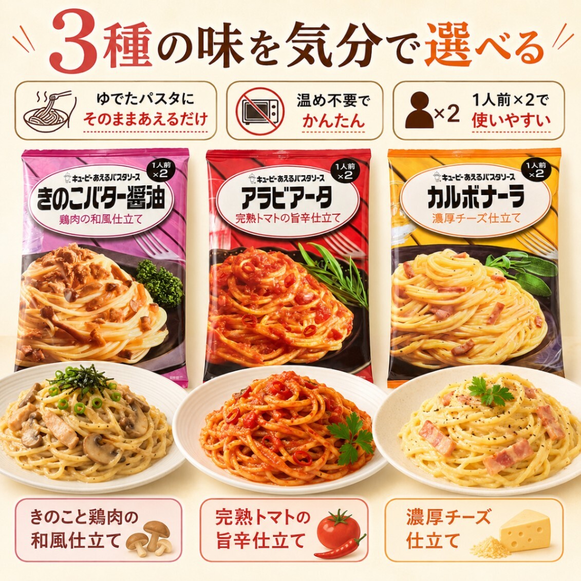 キユーピー あえるパスタソース 3種6食セット 各2袋 個包装
