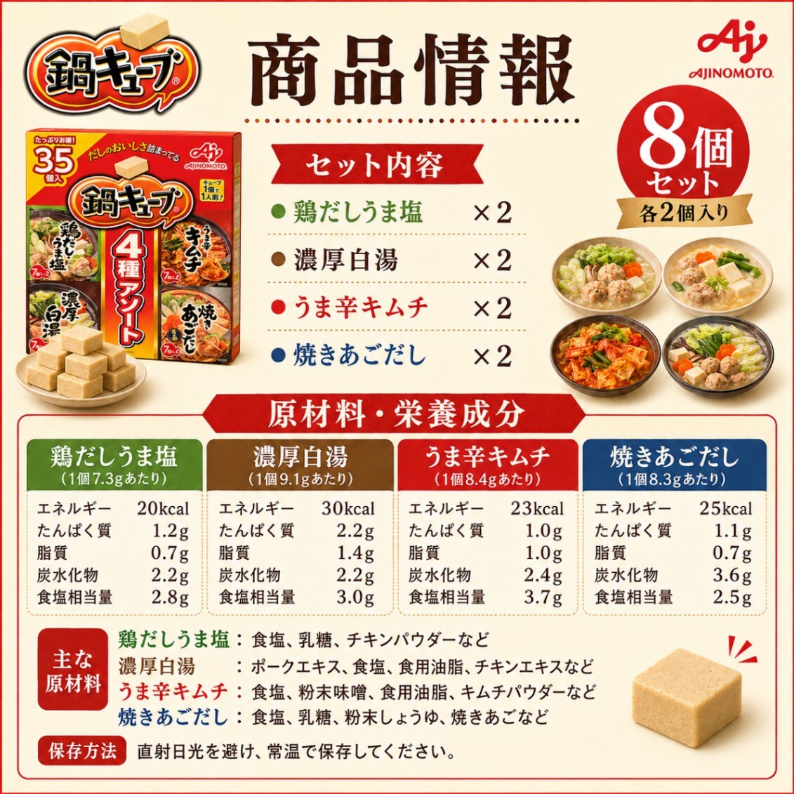 味の素 鍋キューブ 4種アソート 8個セット 鶏だし 白湯 あごだし 鯛帆立 各2個