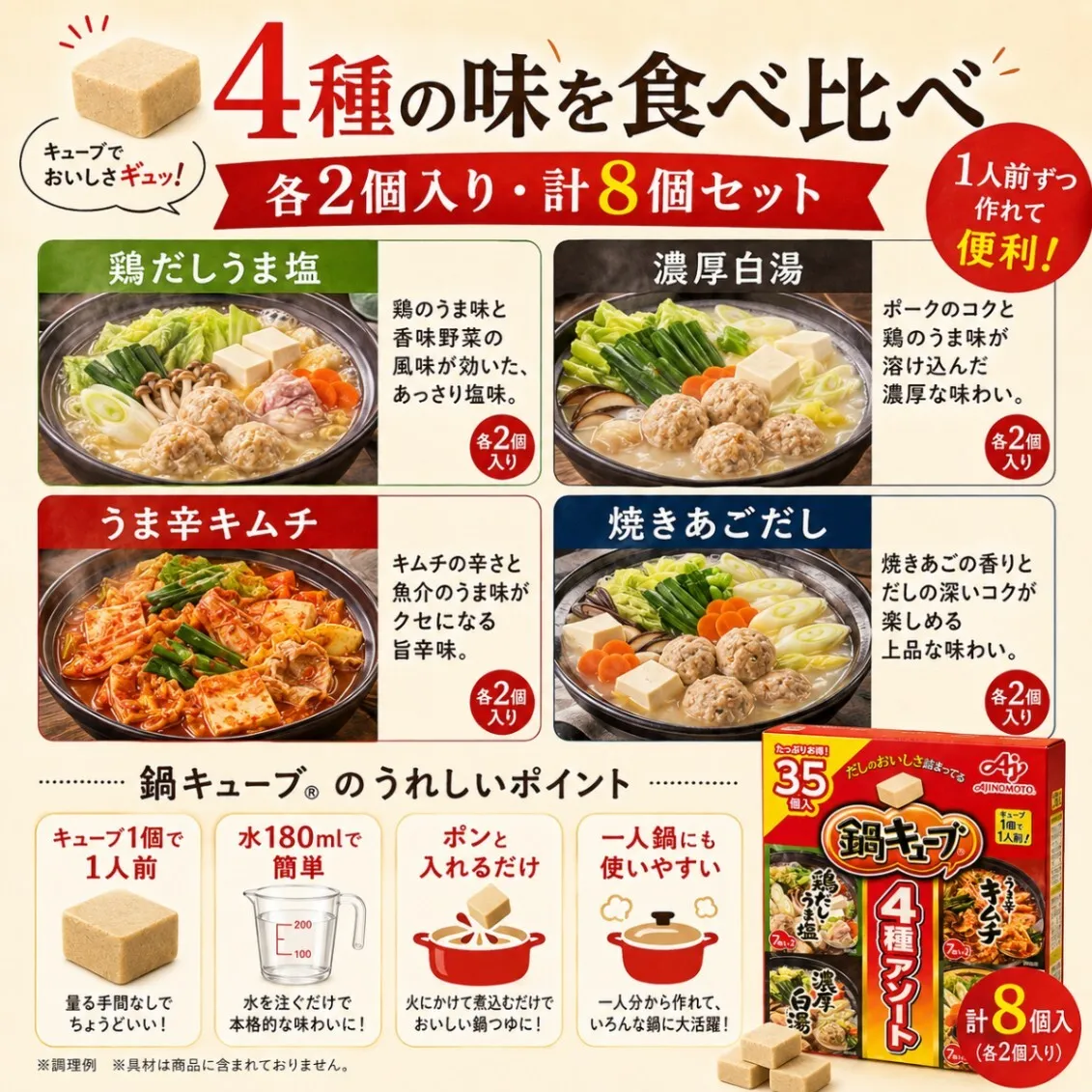 味の素 鍋キューブ 4種アソート 8個セット 鶏だし 白湯 あごだし 鯛帆立 各2個