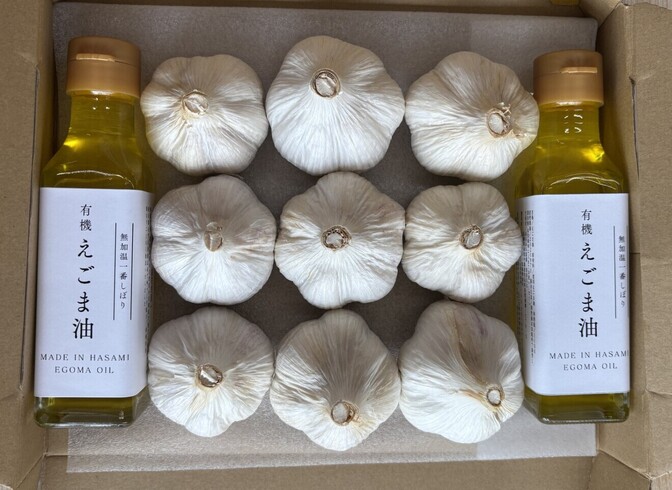 父の畑から贈る　健康応援セット　      　　　　　　　　　　　　～えごま油2本と有機にんにく～
