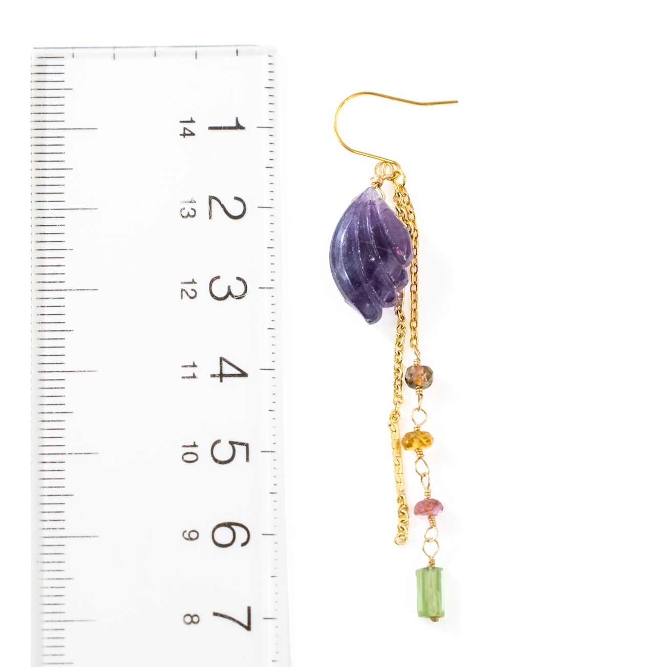 【ハンドメイド】フローライト トルマリン 羽モチーフ ロングピアス