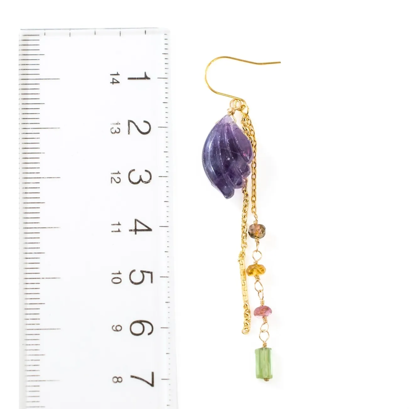 【ハンドメイド】フローライト トルマリン 羽モチーフ ロングピアス