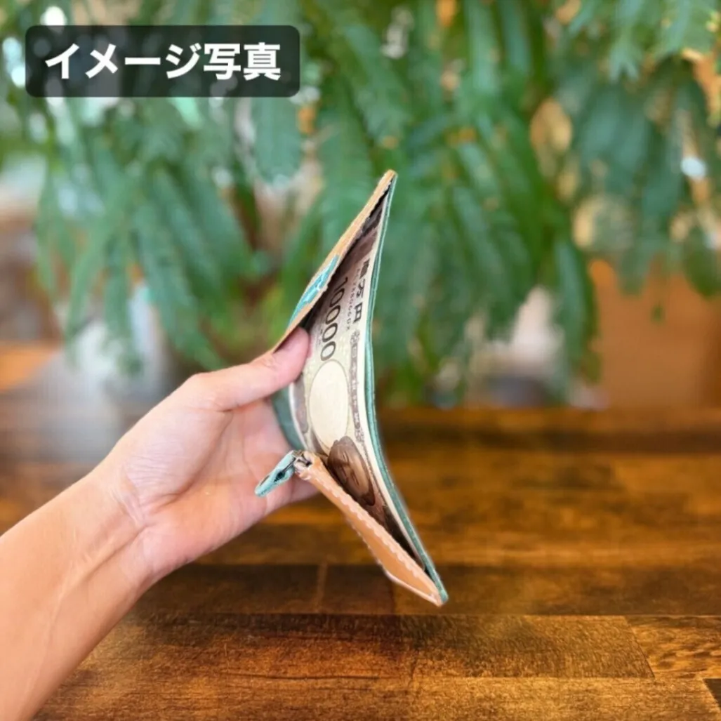 【屋久鹿革】家計管理Wallet／ターコイズ×ライトキャメル