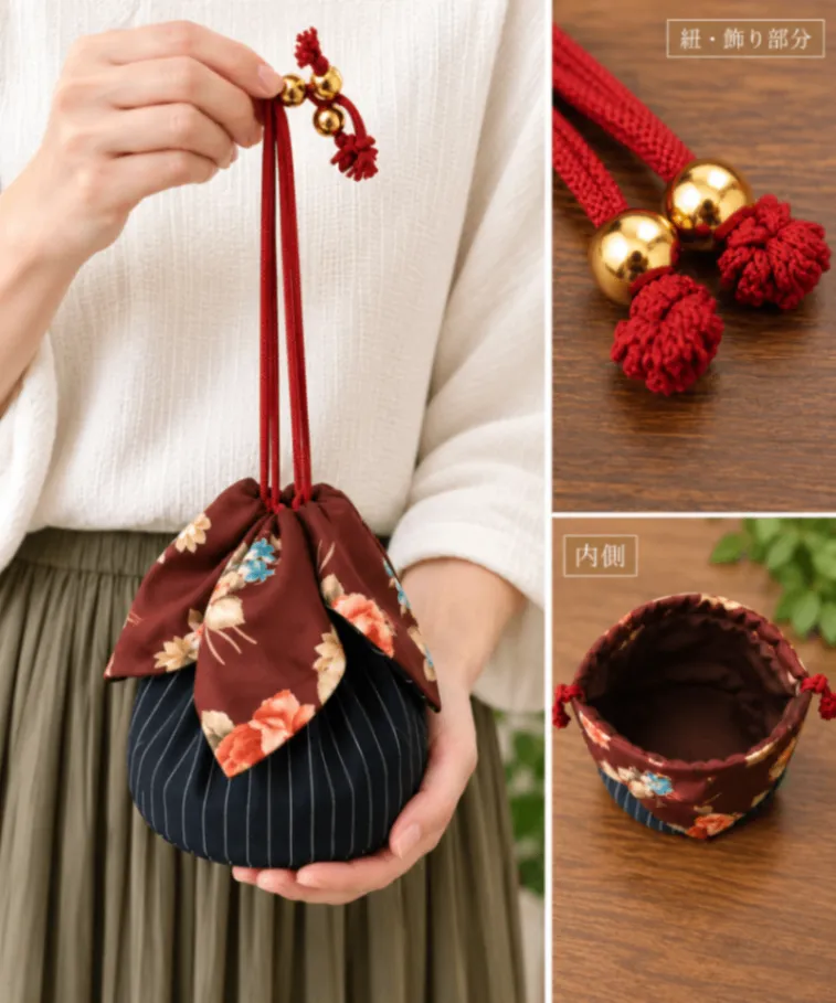 ハンドメイド 巾着バッグ 和柄 花柄 赤紐 ゴールド飾り付き