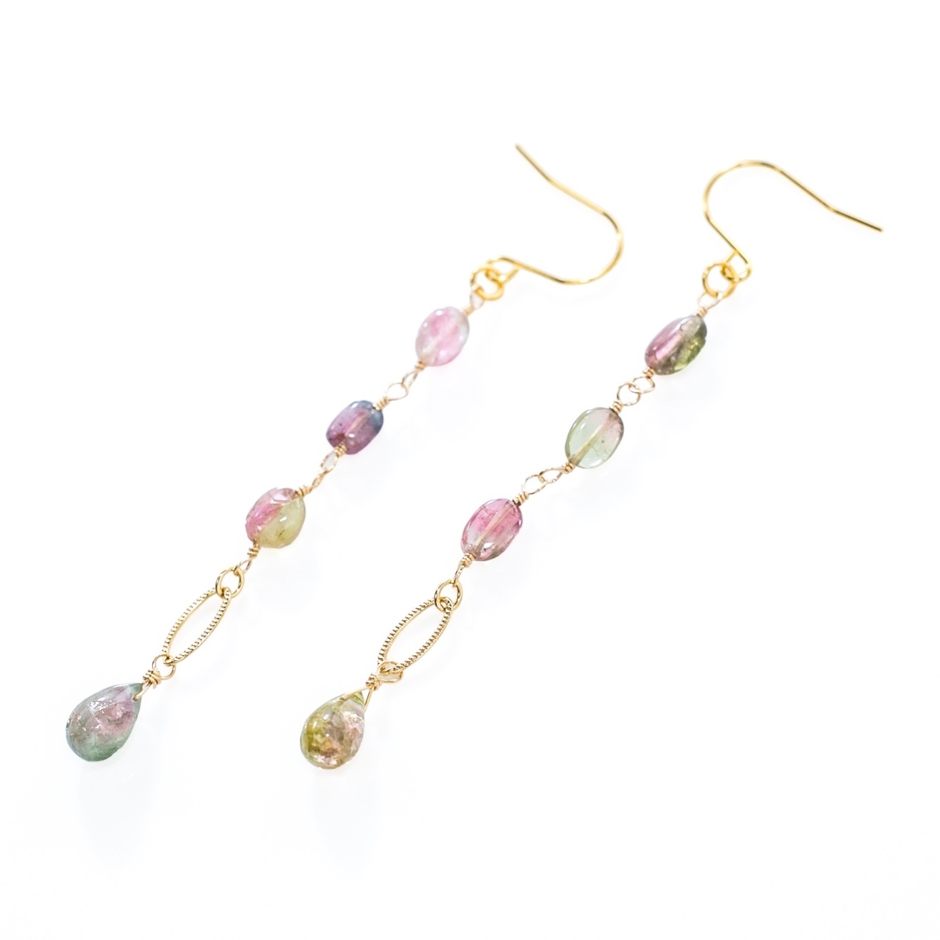 【ハンドメイド】バイカラートルマリン ロングピアス 縦揺れ