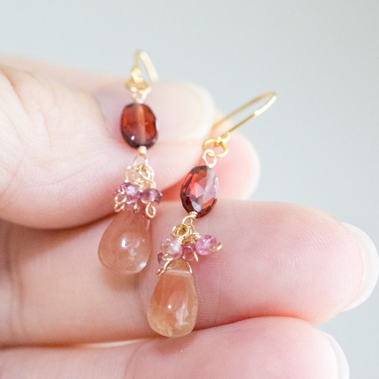【ハンドメイド】ガーネット ピンクサファイア アンデシン 秋色ピアス