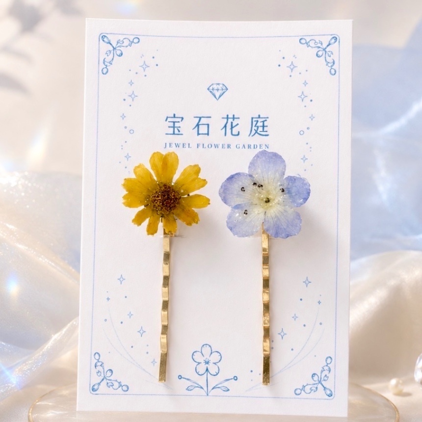 本物の花 ネモフィラ×メランポジウム ヘアピン2本 ハンドメイド