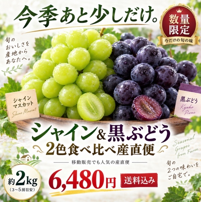 【秋の味覚】シャインマスカット＆甲州産BKシードレス 2色食べ比べ産直便 約2kg｜送料込み