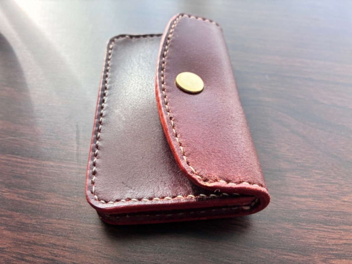 【ハンドメイド】コードバン 名刺入れ 総手縫い 一点物 ハンドメイド 本革 ワインレッド