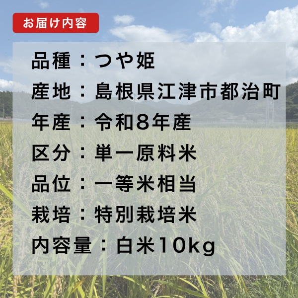 令和8年産 新米 島根県産つや姫 白米10kg 特別栽培米 一等米相当 発送直前精米 【秋の味覚】