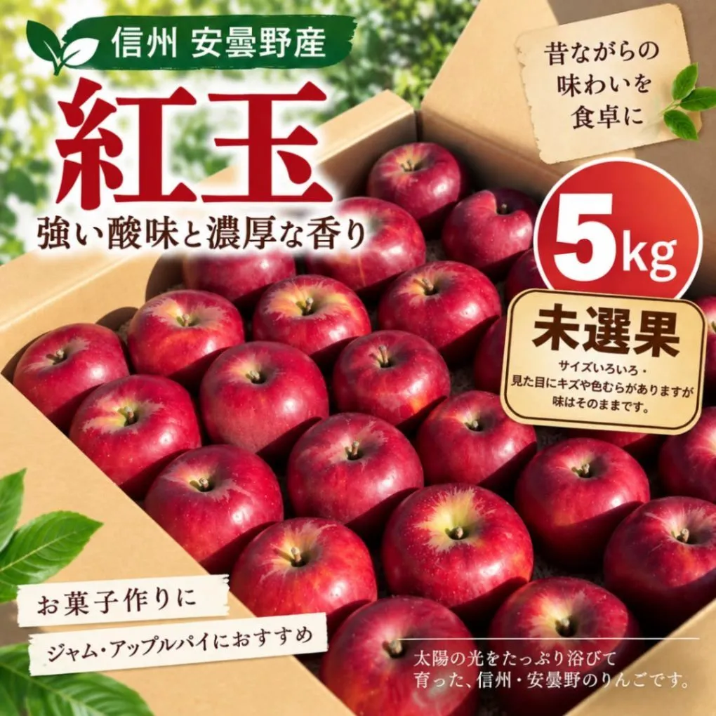 【信州安曇野産】紅玉｜5kg・未選果｜無施肥・減農薬｜さわやかな酸味と香り