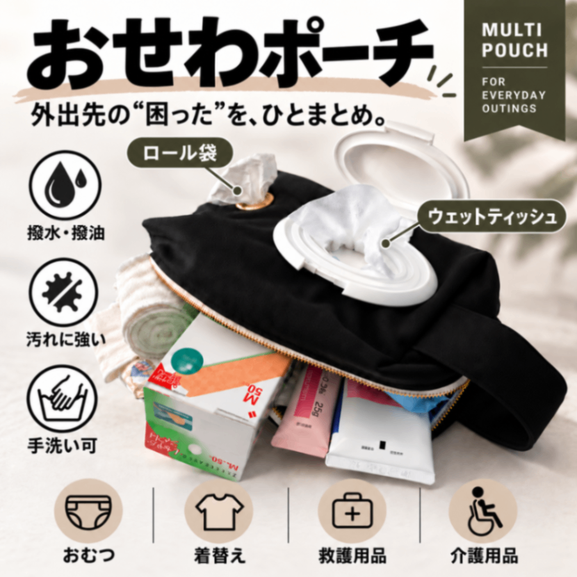 【ハンドメイド】おせわポーチ【ブラック】撥水撥油｜おむつ・救護・介護に