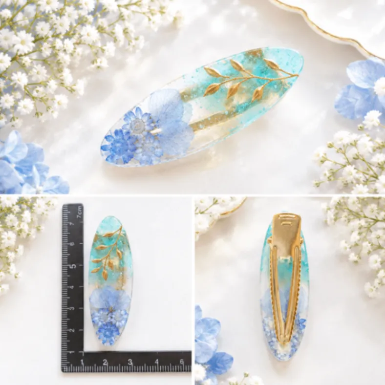 【ハンドメイド】青いお花とゴールドリーフのレジン　ヘアピン