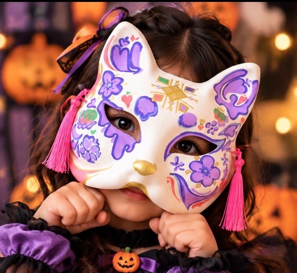 【✨ハッピーハロウィン✨】一点もの｜手描き狐面「紫花」＊ハンドペイント 狐のお面