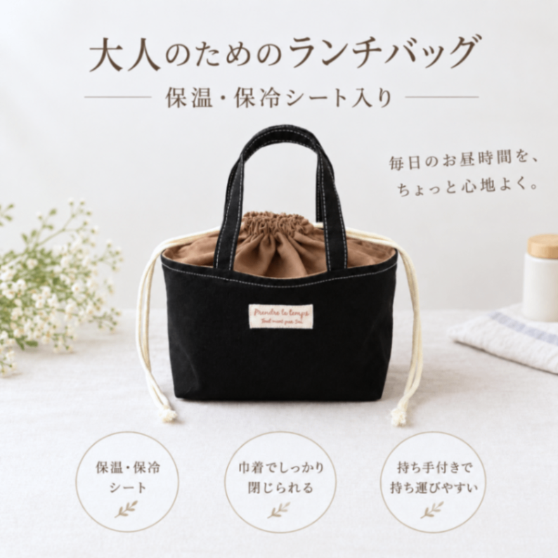 【保温保冷】巾着ランチバッグ｜カフェオーレ×ブラック｜洗える お弁当袋 紀州オックス