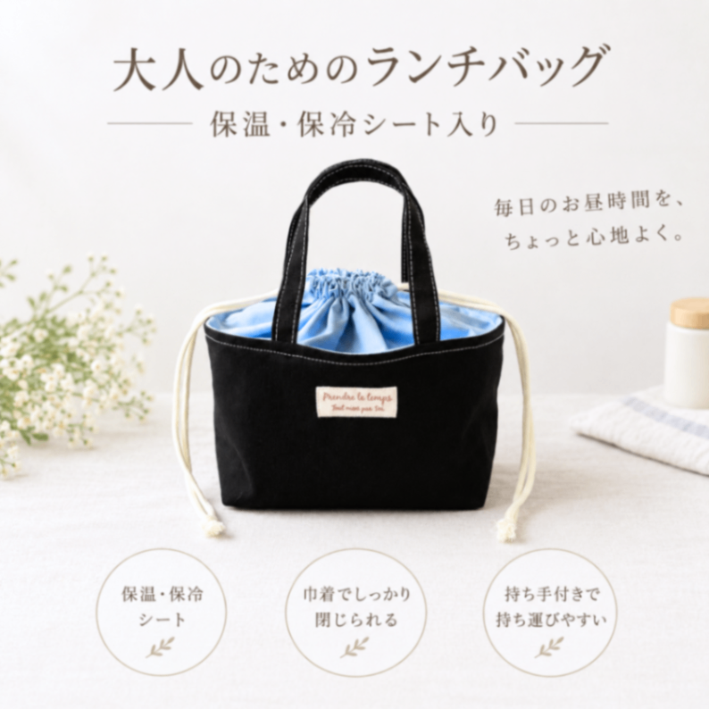 【保温保冷】巾着ランチバッグ｜スカイブルー×ブラック｜洗える お弁当袋 紀州オックス