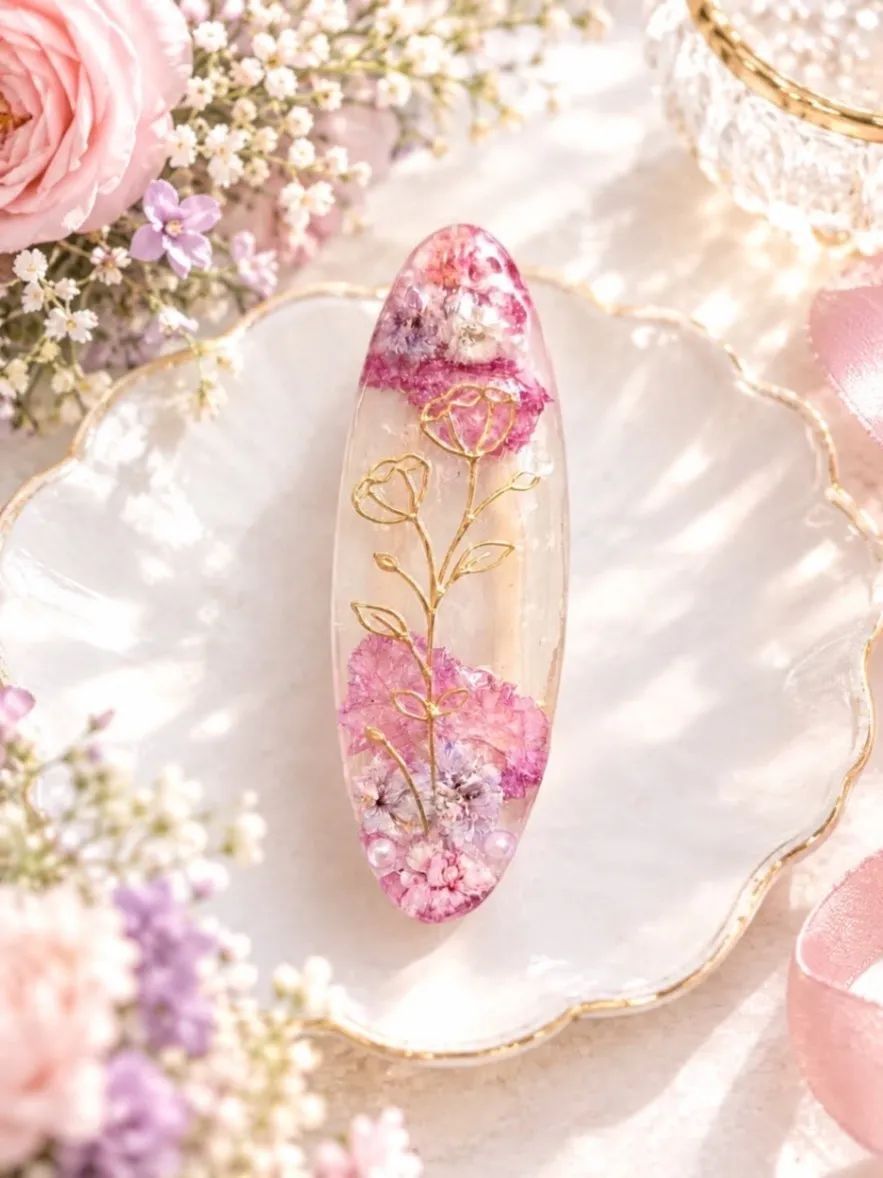 【ハンドメイド】押し花入り レジンヘアピン ピンク系