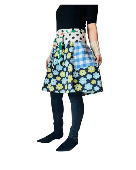 【ハンドメイド】ラップスカートみたいなエプロン　ブルーお花とドット・ポケットギンガム青