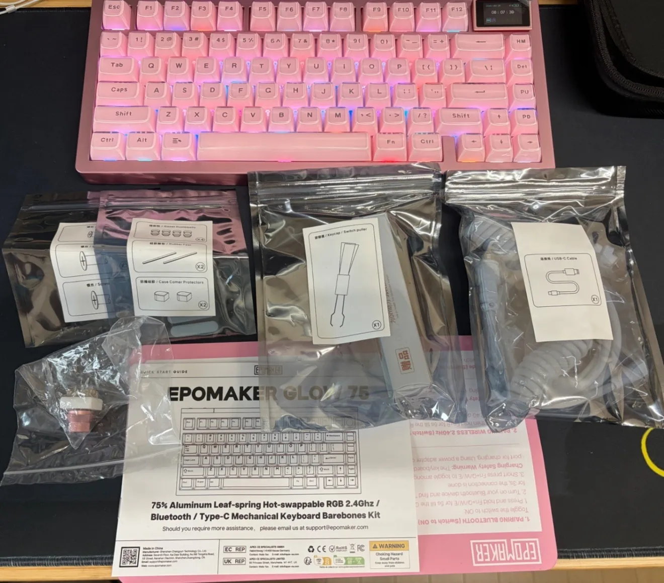 EPOMAKER GLOW75 ピンク GrayWood V4 MOAキーキャップ RGB液晶