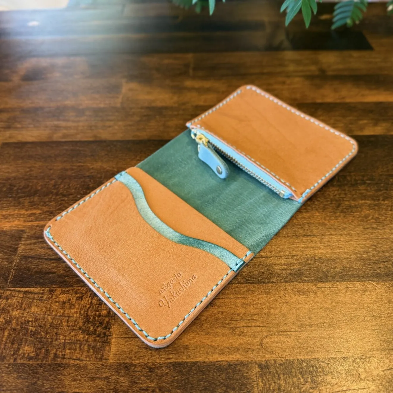 【屋久鹿革】家計管理Wallet／ターコイズ×ライトキャメル