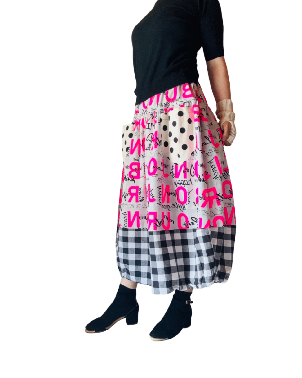 【ハンドメイドスカート】ボンジュールピンクとギンガムBLACKポケット水玉