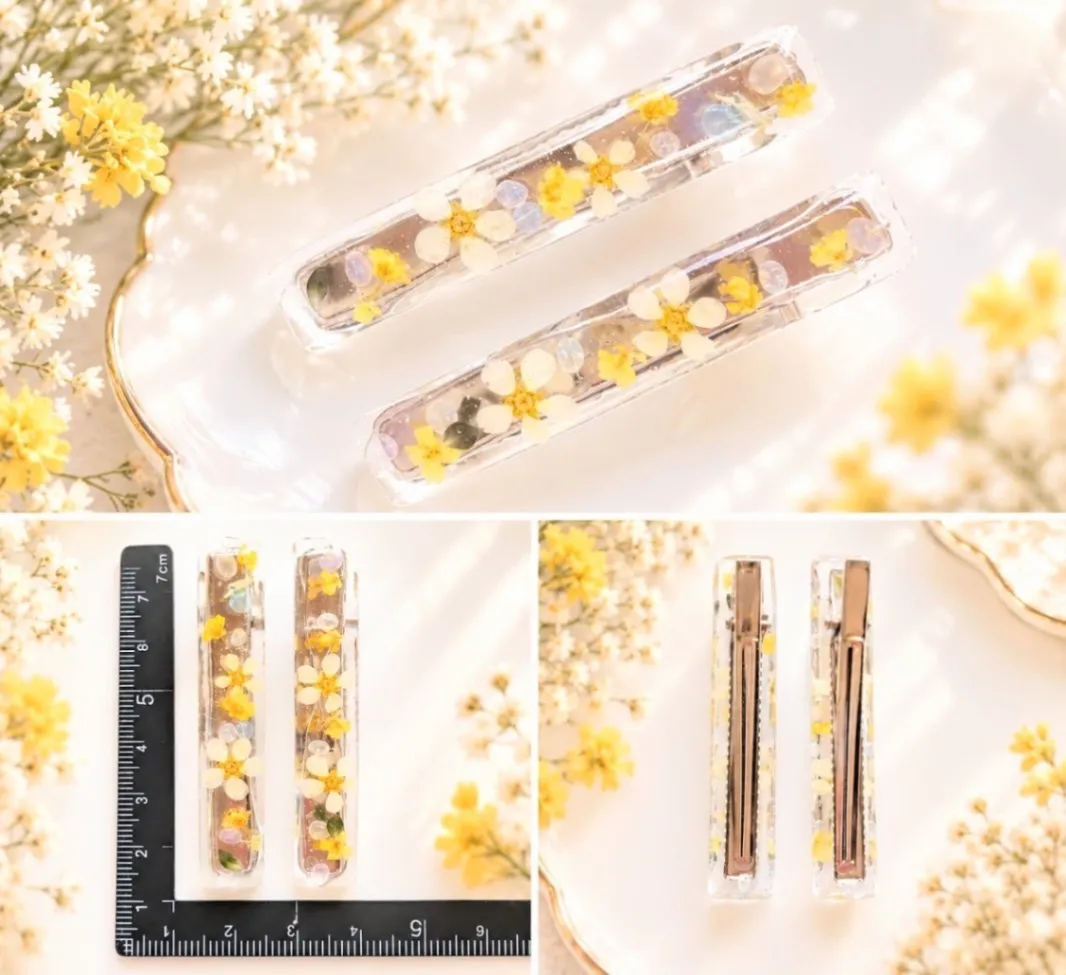 【ハンドメイド】イエロー小花とストーンのレジンヘアクリップ 2個セット