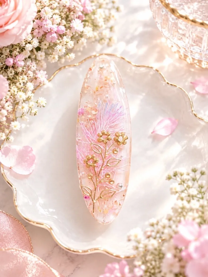 【ハンドメイド】押し花入り レジンヘアクリップ ピンク系