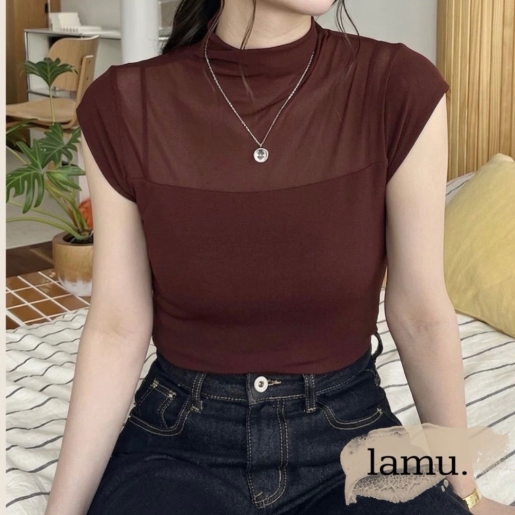稼祭🔥【lamu.】SheerHighNeckTop/シアーモックネックスリーブレストップス