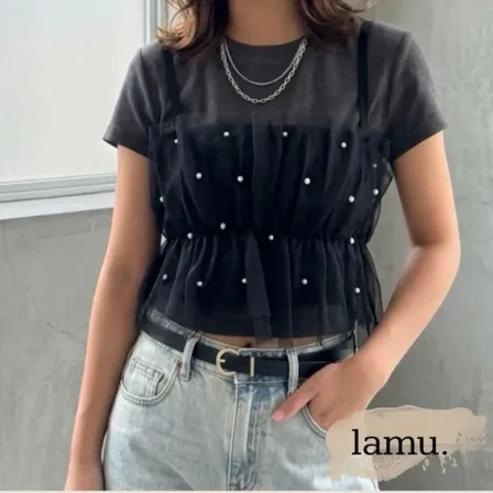 稼祭🔥【lamu.】PearlTulleLayeredBustier/シアーチュールパールビスチェ