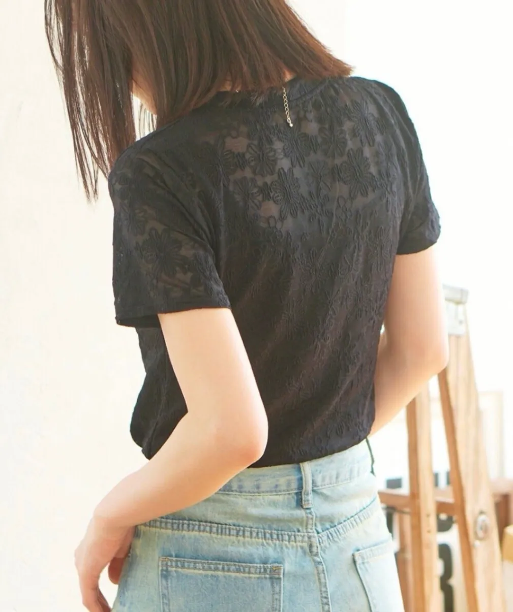 稼祭🔥FloralSheerShortSleeveTee/シアーフラワーショートTシャツ ブラック