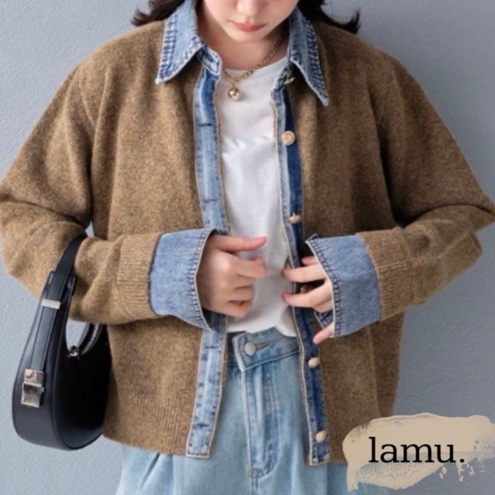稼祭🔥DenimSwitchingKnitCardigan|デニム切替ニットカーディガン キャメル