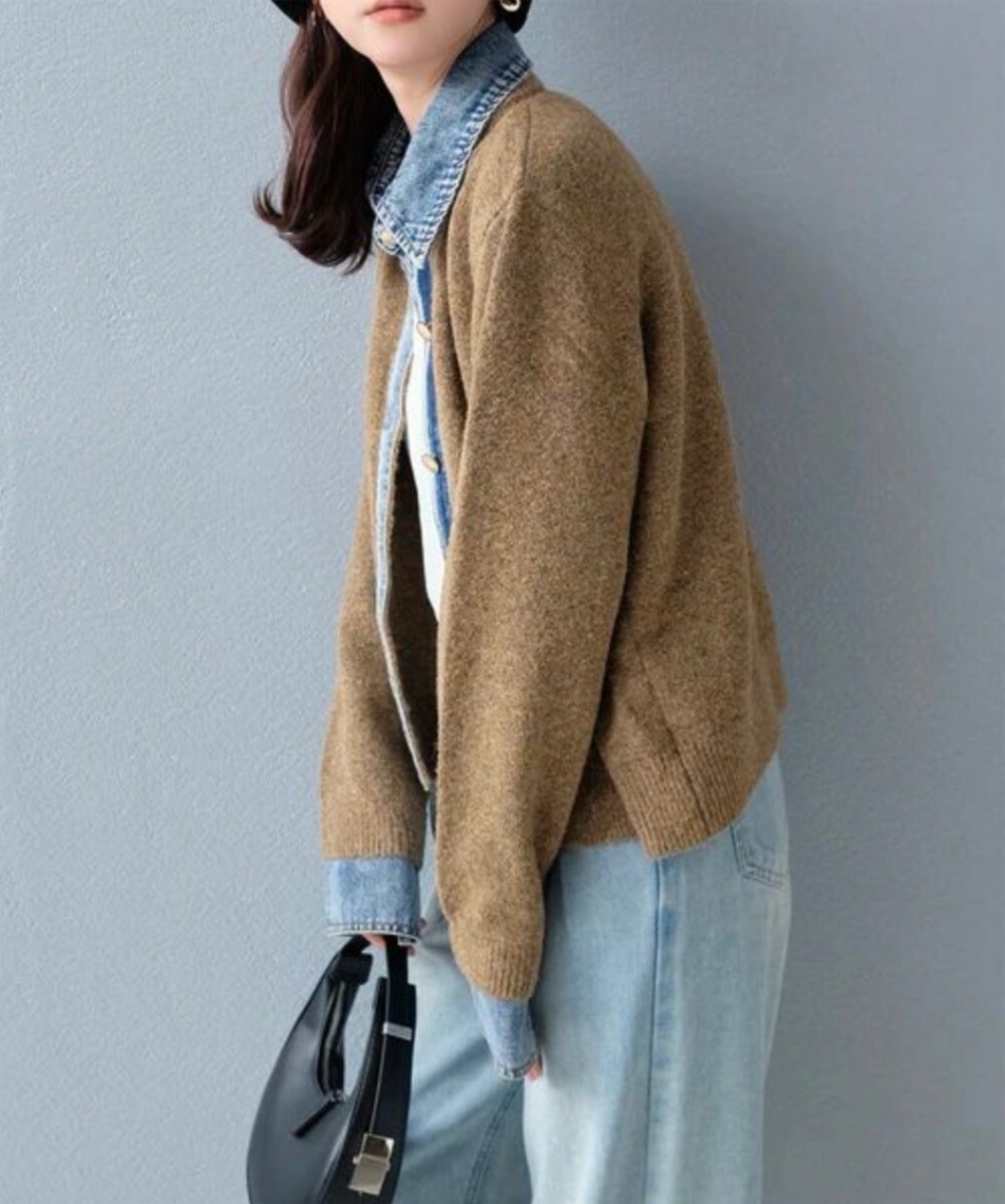 稼祭🔥DenimSwitchingKnitCardigan|デニム切替ニットカーディガン キャメル