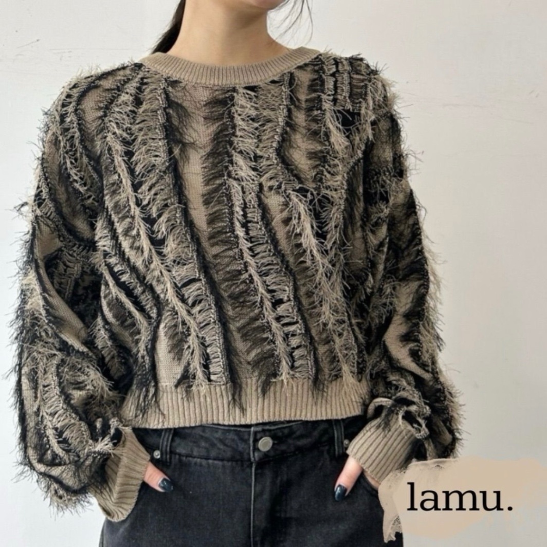 稼祭🔥【lamu.】fringe knit short pullover |フリンジニット ブラック