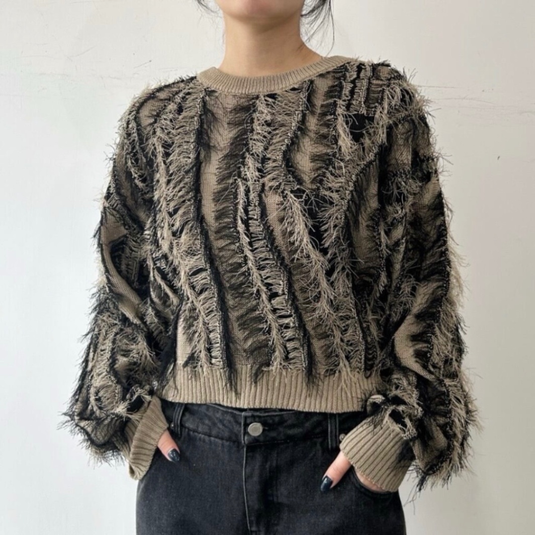 稼祭🔥【lamu.】fringe knit short pullover |フリンジニット ブラック