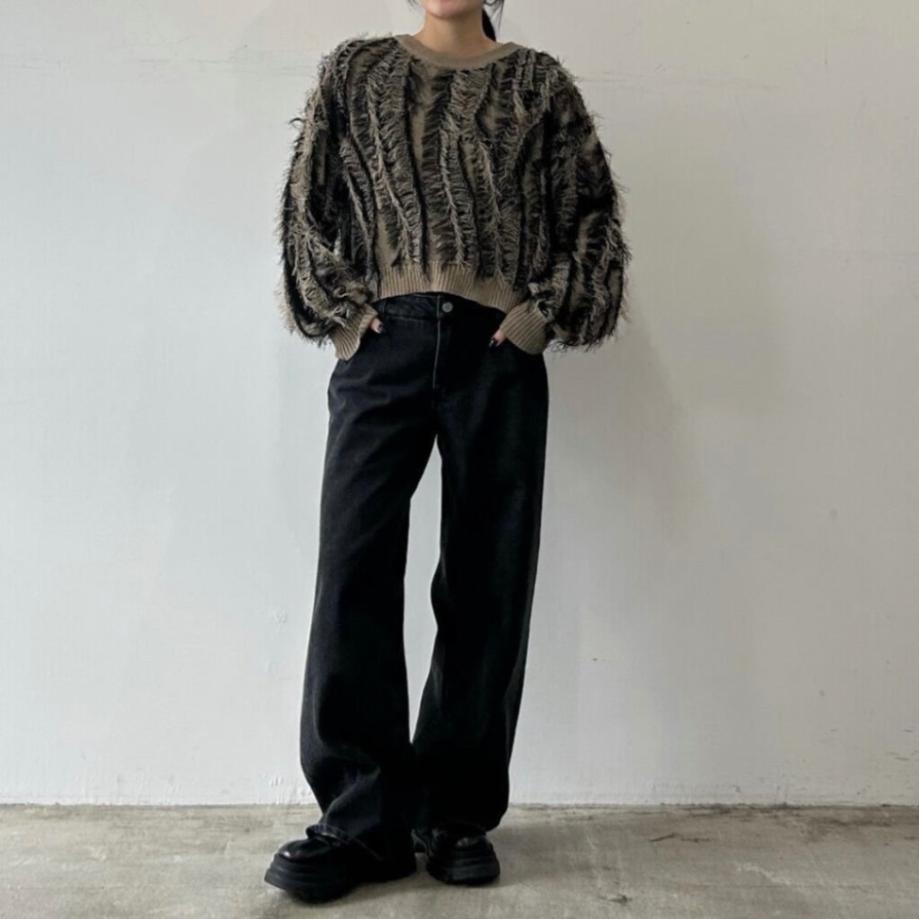 稼祭🔥【lamu.】fringe knit short pullover |フリンジニット ブラック