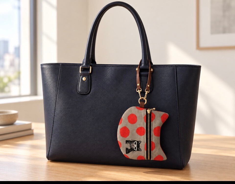 【ハンドメイド】猫耳ぺたんこポーチ　サングラスキャット　グレー×レッド　手のひらサイズ