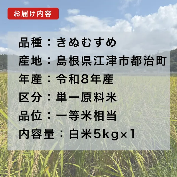 令和8年産新米 島根県産きぬむすめ 白米5kg 5年連続特A産地一等米相当発送直前精米 【秋の味覚】