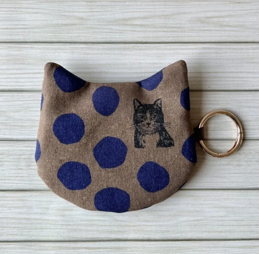 【ハンドメイド】猫耳ぺたんこポーチ　サングラスキャット　ブラウン×ネイビー　手のひらサイズ
