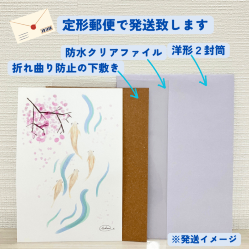 【ハンドメイド】水彩ポストカード｜メダカと桜｜春のイラスト