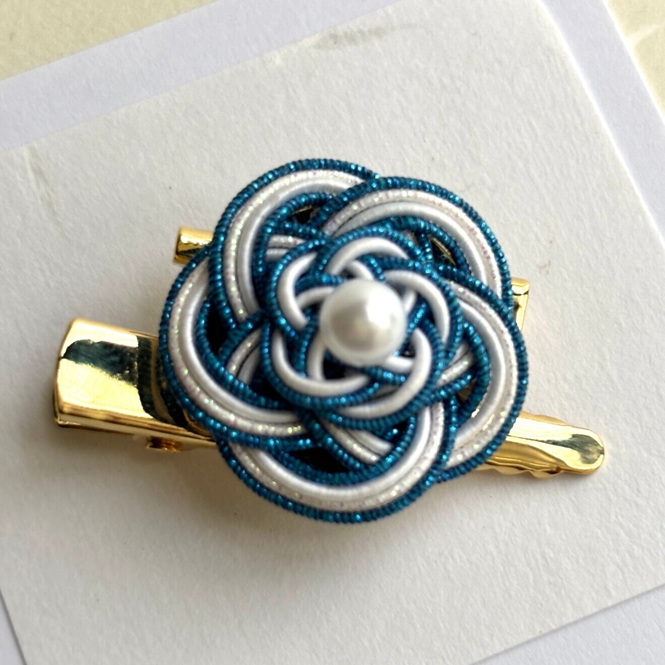 水引2WAYブローチ・ヘアクリップ｜青×白｜ハンドメイド