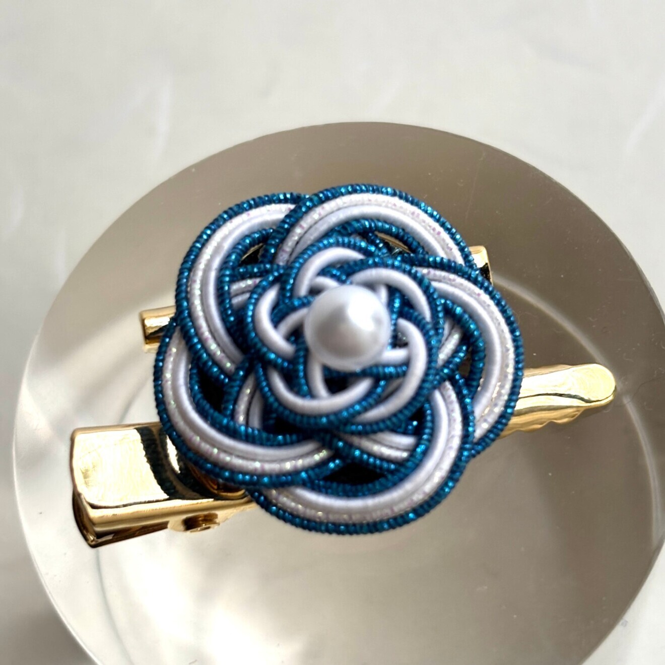 水引2WAYブローチ・ヘアクリップ｜青×白｜ハンドメイド