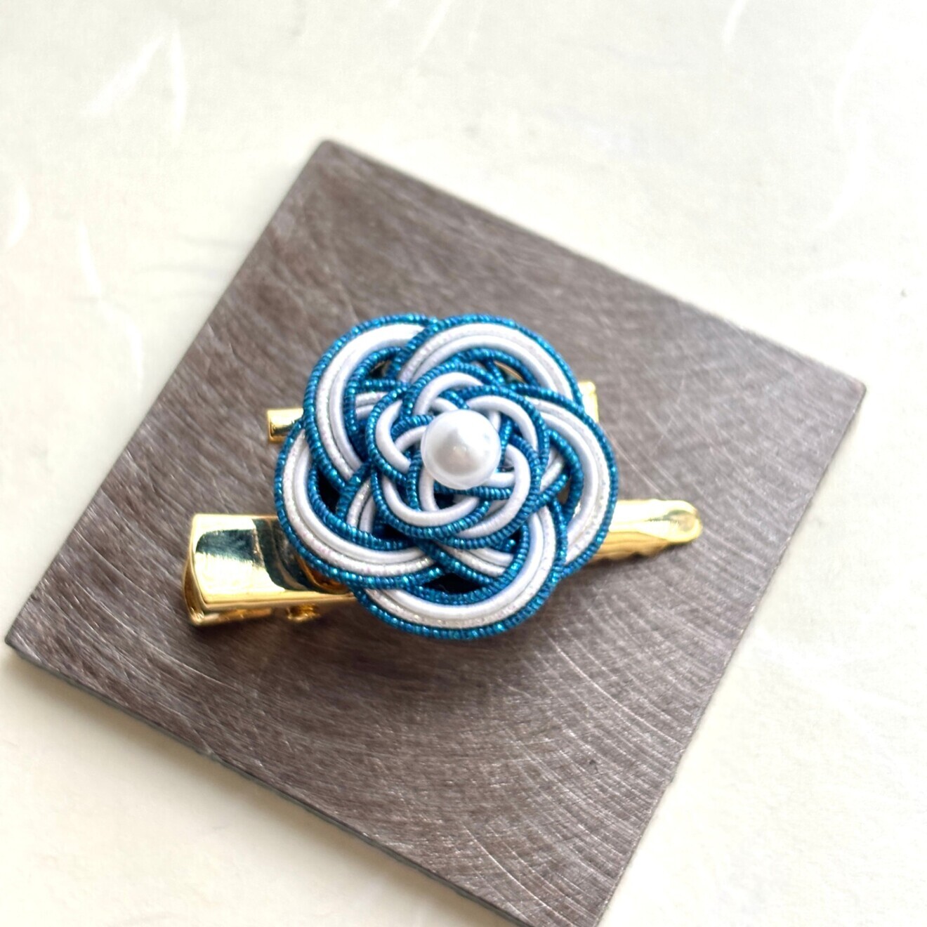 水引2WAYブローチ・ヘアクリップ｜青×白｜ハンドメイド