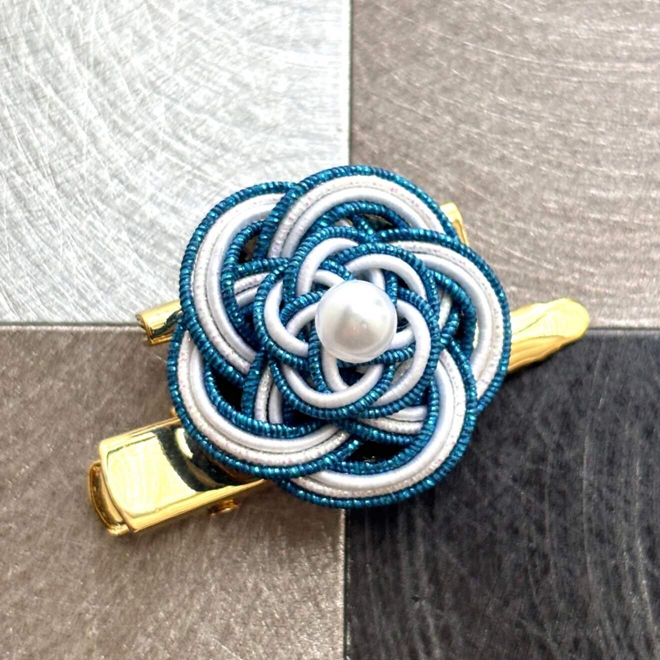 水引2WAYブローチ・ヘアクリップ｜青×白｜ハンドメイド