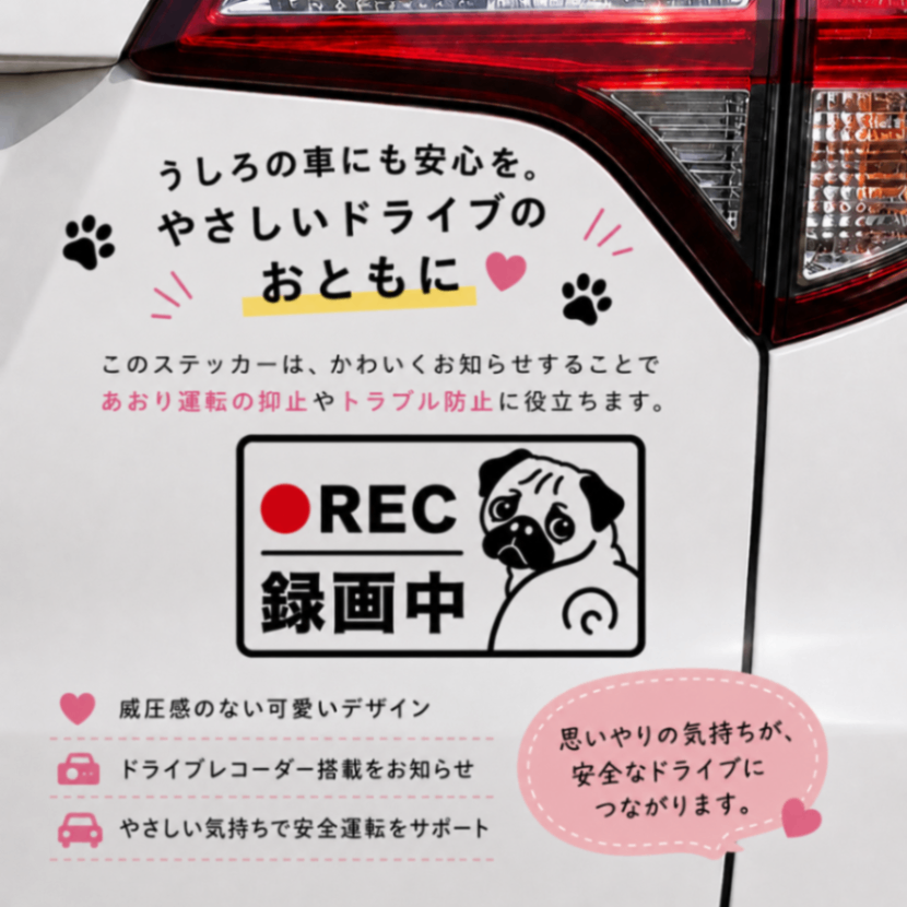 選べる2色！可愛く録画中アピール♪パグ 犬 REC ドラレコ ステッカー【47】