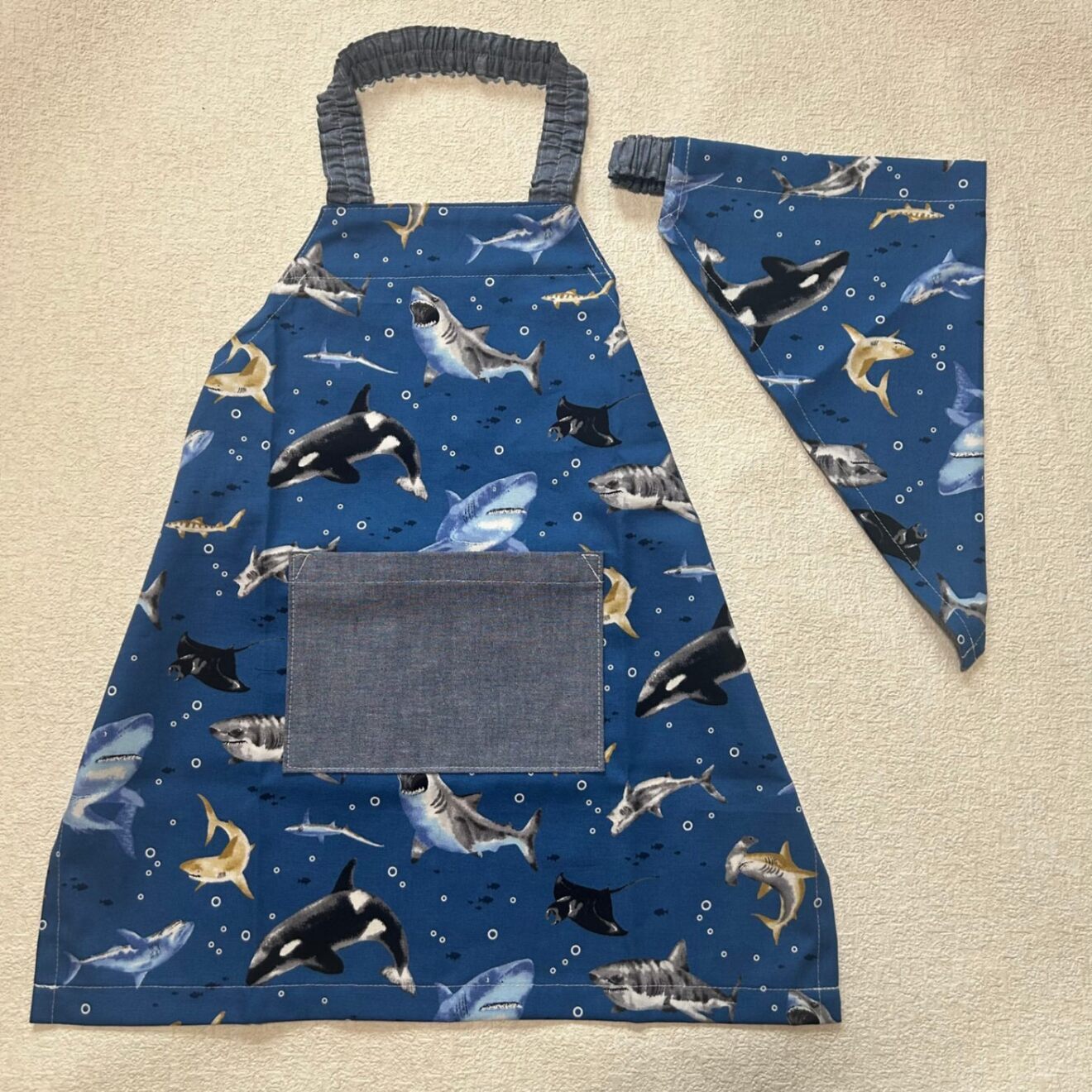【110】サメ☆子供 キッズ エプロン&三角巾＆巾着袋
