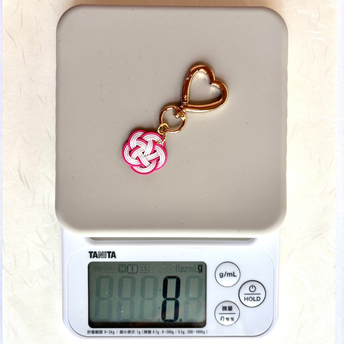 水引 梅結び ハート型キーホルダー ピンク×白｜ハンドメイド 4本取り