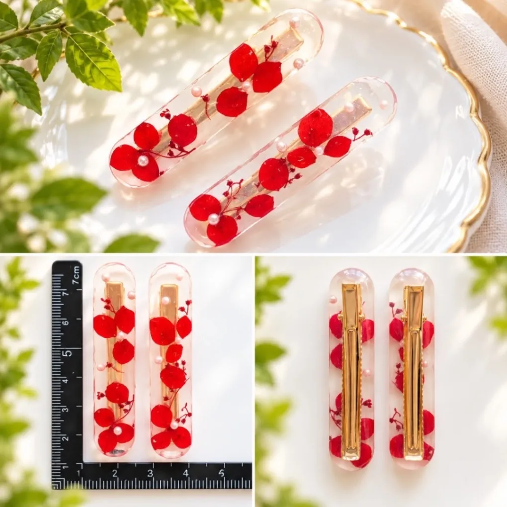 【ハンドメイド】赤い紫陽花のレジンヘアクリップ 2個セット