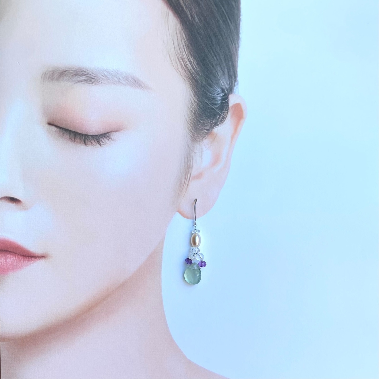 ミントの雫｜フローライト・アメジスト・水晶・パール ピアス・イヤリング