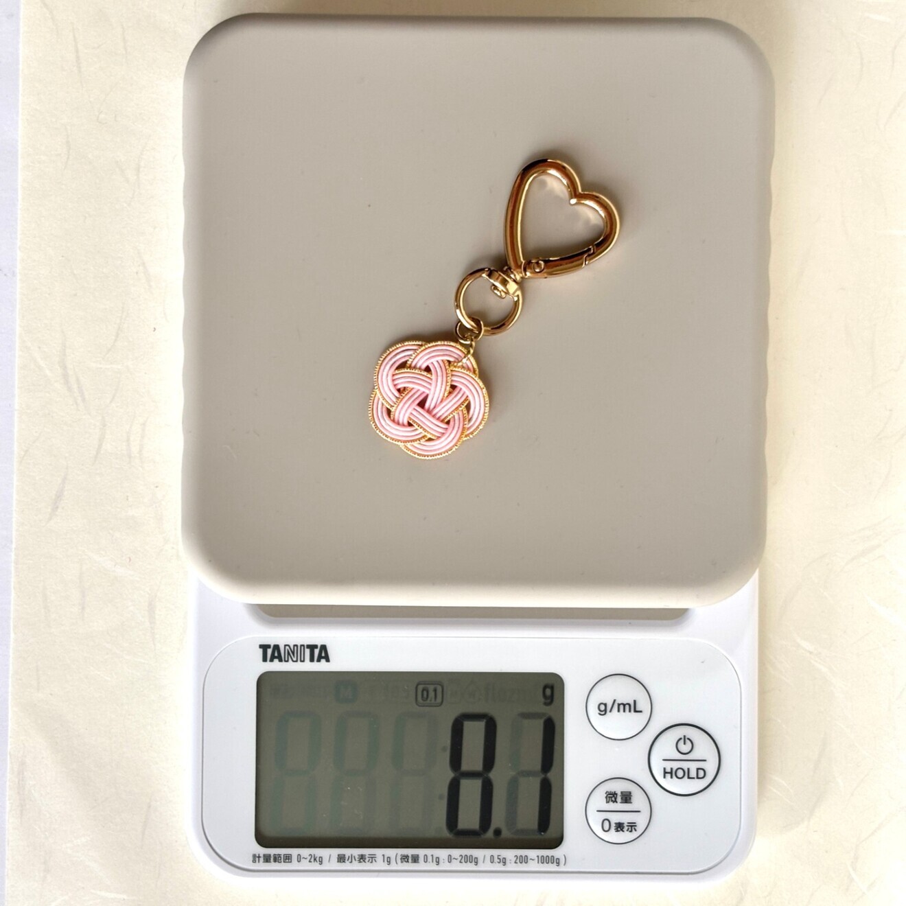 水引 梅結び ハート型キーホルダー ピンク×白×金｜ハンドメイド 5本取り